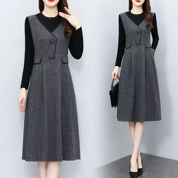 2025时尚假两件显瘦长袖连衣裙洋气拼接中长款气质减龄优雅裙子