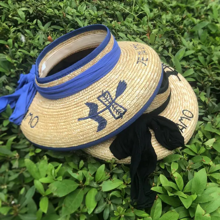 23新款夏日麦秆空顶大檐时尚刺绣草帽遮阳帽户外防晒无顶新潮女帽