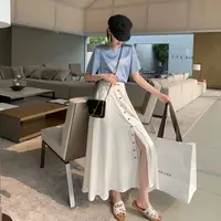 NancyCavally 多扣开叉时尚显瘦气质仙女白色A字半身裙 