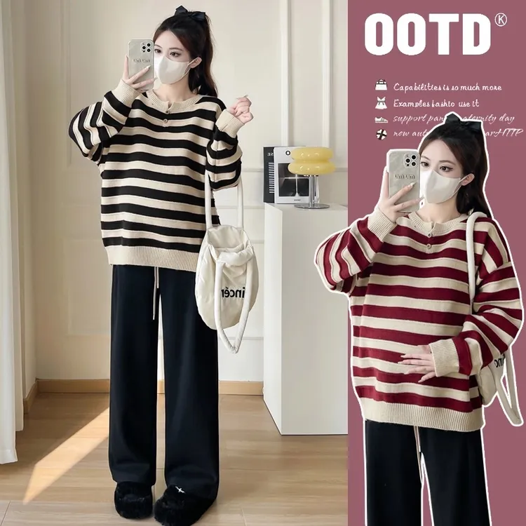 孕妇装秋冬时尚加厚条纹套头宽松百搭孕妇毛衣外穿休闲针织衫上衣