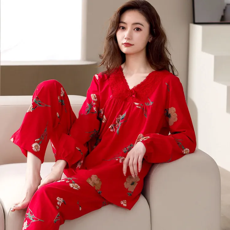 100%纯棉睡衣女士春秋季长袖大红色秋冬款保暖（30天起球褪色包退）