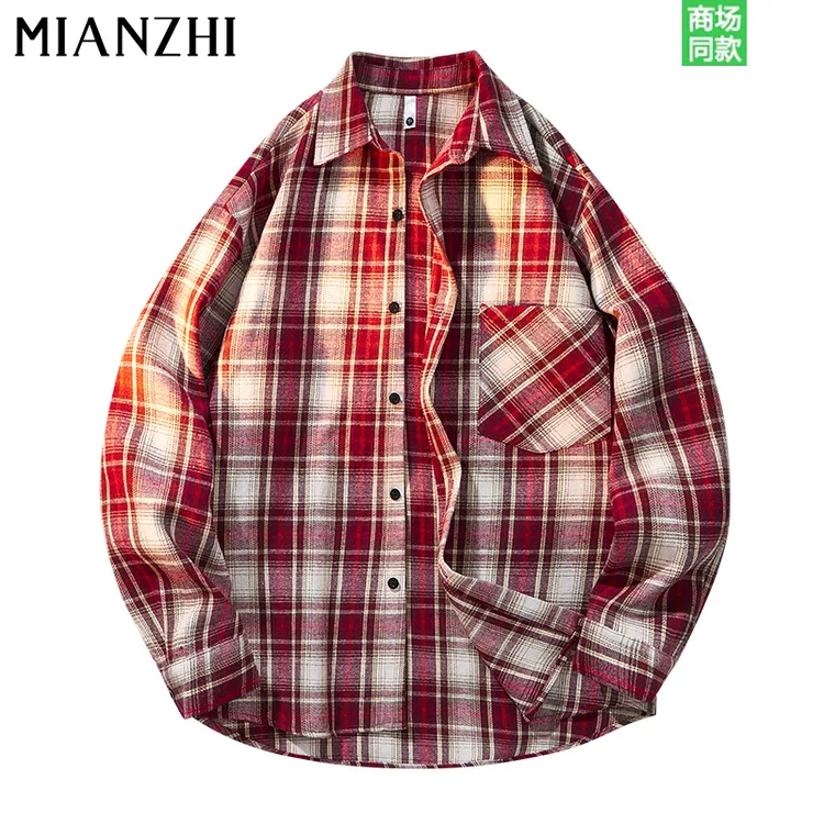 棉致潮牌春秋美式复古格子衬衫男士潮流宽松休闲长袖衬衣情侣外套