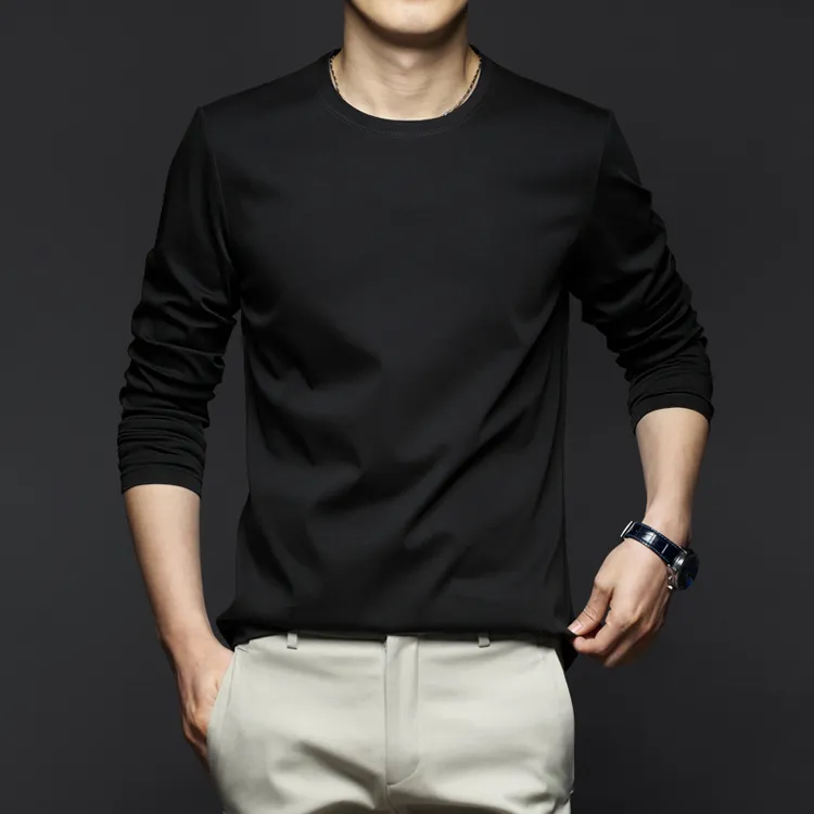 液氨丝光棉圆领长袖T恤男秋冬新款纯色新疆棉打底衫休闲内搭上衣