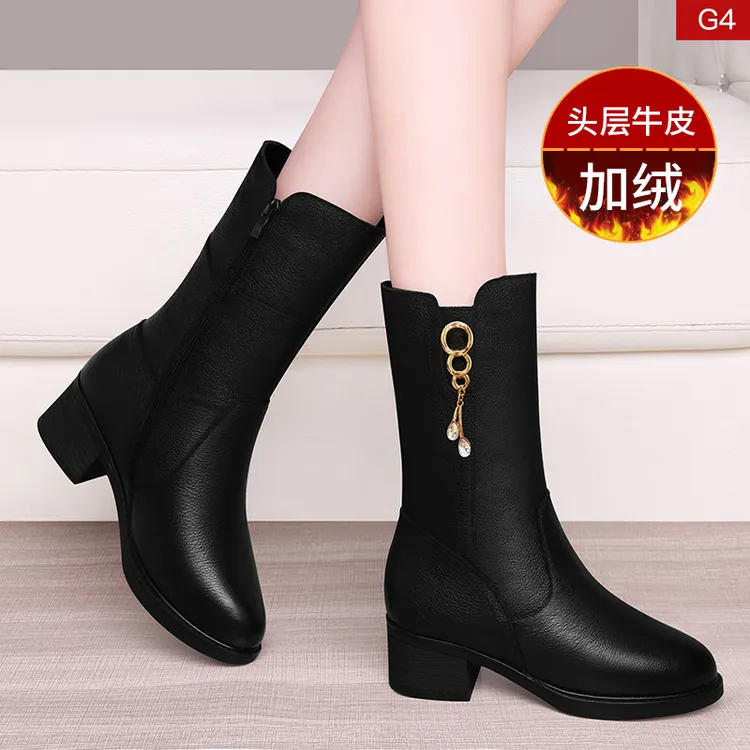 富贵鸟0338真皮短靴女士冬季软底中靴新款牛皮秋冬季中筒妈妈靴子