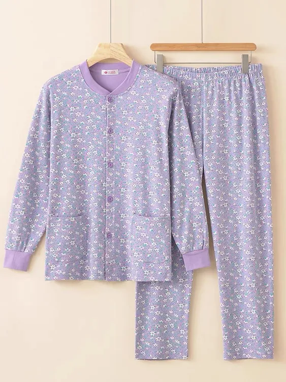 大码中老年人女士纯棉宽松开衫对襟秋衣秋裤老太太家居服保暖套装