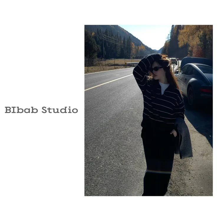【BIbab Studio】莱赛尔抗皱V领显瘦黑白横条纹极简针织上衣