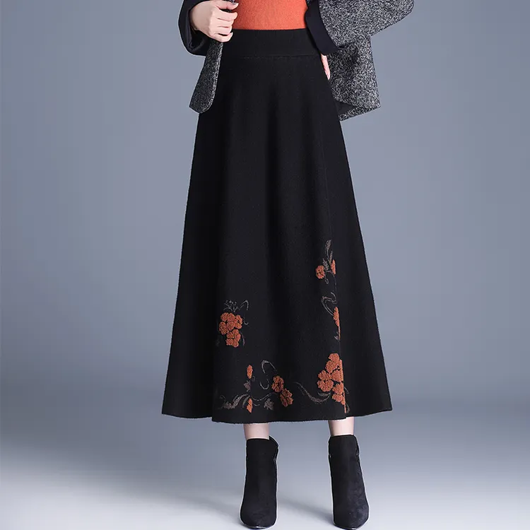 印花针织中年妈妈半身裙冬季加厚毛线裙子时尚高腰大码a字百褶裙