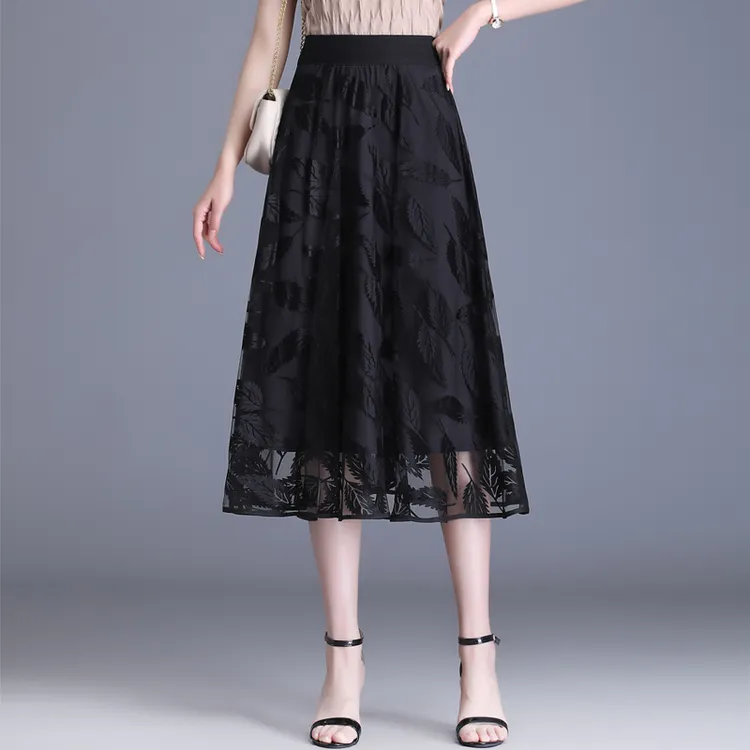 网纱长裙大摆纱裙女夏a字大码百褶裙半身裙2024夏季裙子新款半裙