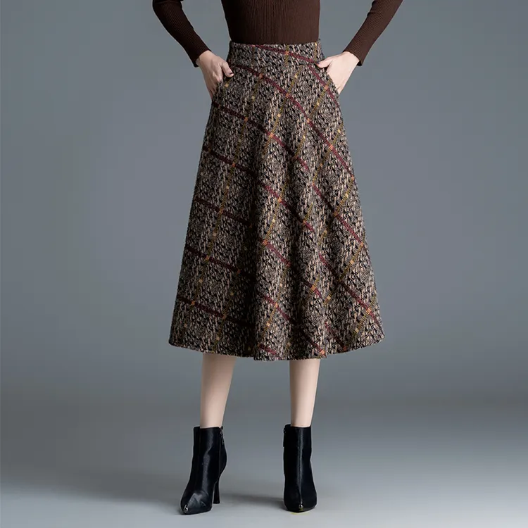 复古格子水貂绒半身裙妈妈款长裙高腰a字裙2025秋冬新款针织半裙