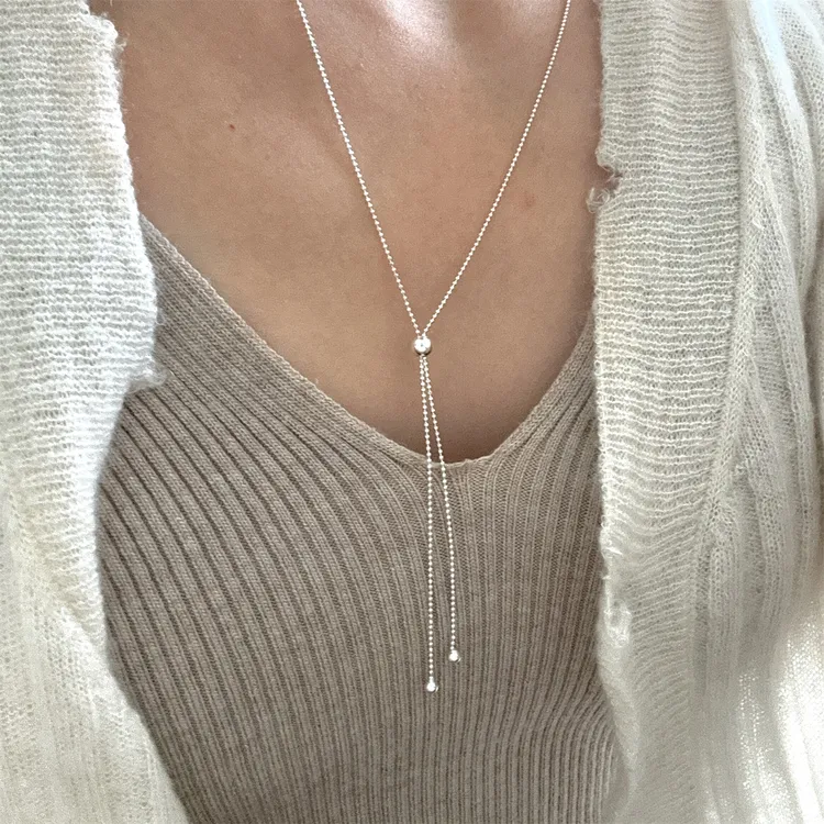 坠链均925银 圆珠抽拉式项链女简约ins小众设计师款个性毛衣链女