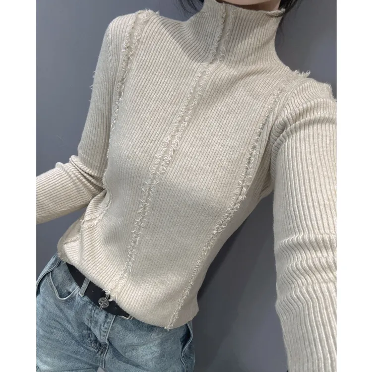 毛边流苏针织衫长袖女秋冬款内搭毛衣修身高领打底衫欧货洋气上衣