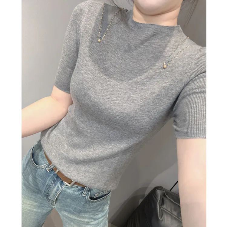 秋装新款拼接蕾丝短袖针织衫女弹力紧身半高领毛衣打底衫镂空上衣