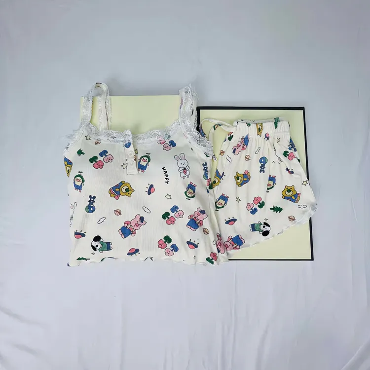 莫代尔吊带新款夏季睡衣女卡通蕾丝带胸垫甜美少女美背性感家居服