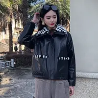24059【棋盘格】水貂毛领 白鹅绒内胆 小绵羊 皮女士真皮衣加厚冬服