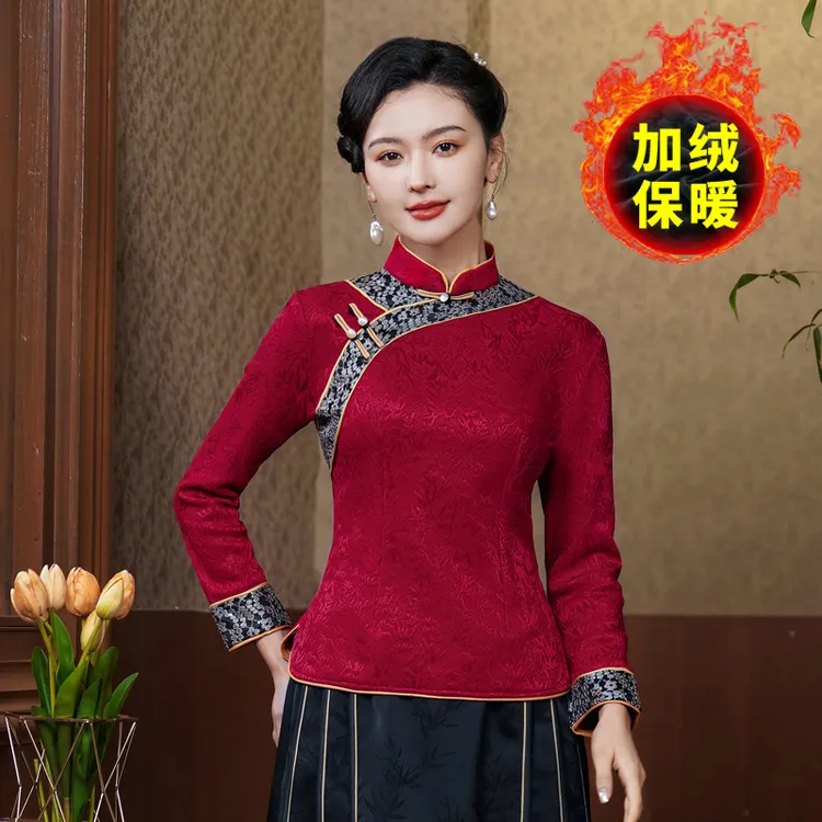 冬款加绒旗袍上衣女长袖气质妈妈装复古改良中国风显瘦唐装打底衫