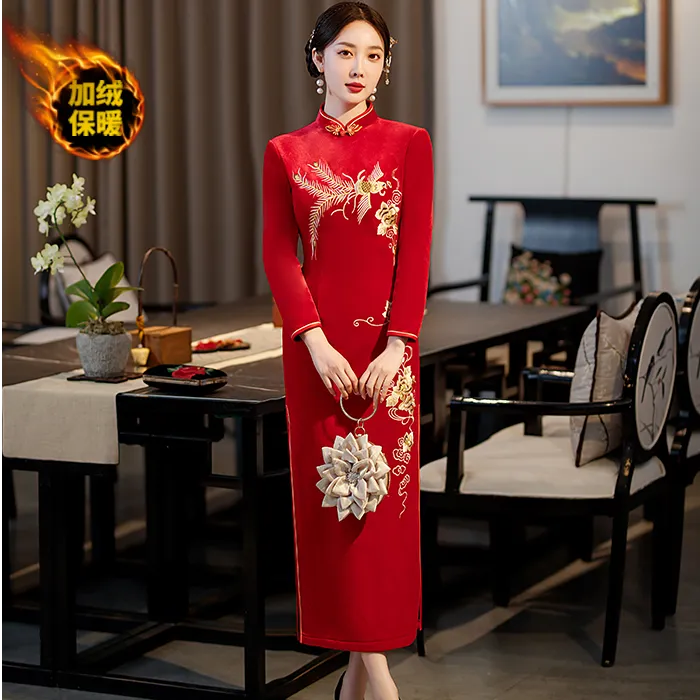 高档冬款加绒加厚旗袍长款2024新款长袖气质显瘦洋气走秀宴会礼服