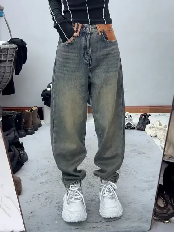 秋冬新款胖mm大码弯刀加绒加厚直筒拖地裤显瘦阔腿牛仔裤女