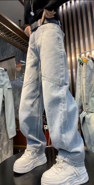 2024秋冬款大码女装宽松弯刀牛仔裤梨形身材显瘦设计感工装拖地裤