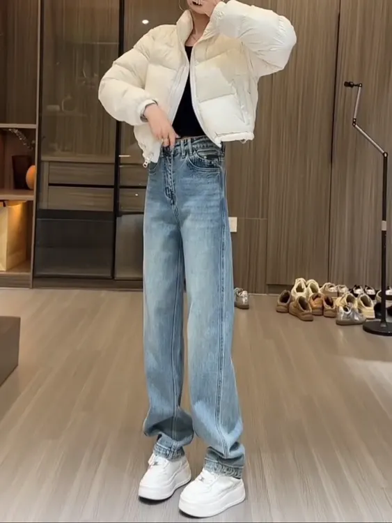 2025新款胖mm大码宽松窄版直筒裤显瘦百搭牛仔裤女