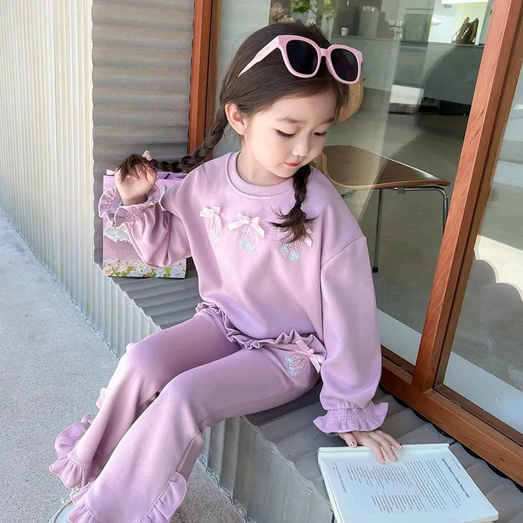 女童春秋新款2025网红时尚洋气刺绣花边蝴蝶结卫衣+喇叭裤两件套