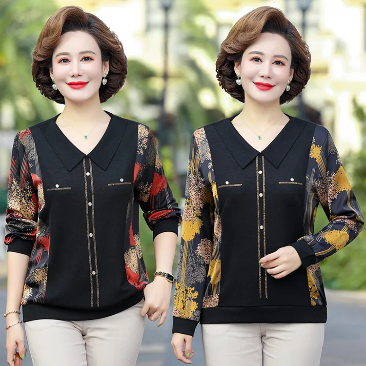 中年妈妈春装洋气上衣打底衫新款中老年女装春秋减龄长袖T恤小衫