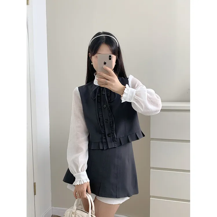 宝莉日志泥美微胖大码女装小香风木耳边假两件上衣百褶半裙套装秋