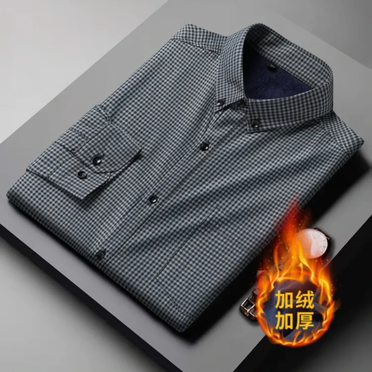 胖子保暖衬衫男加绒加厚特大码中年男士细格子衬衣加肥加大