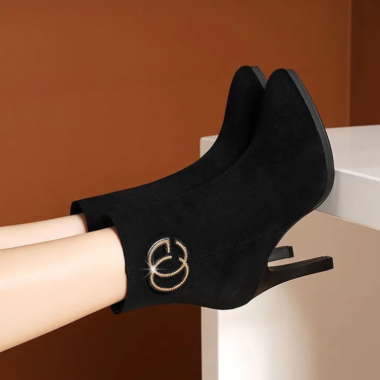 秋冬加厚磨砂皮尖头细跟马丁靴2025防水台加绒短靴女士高跟侧拉链