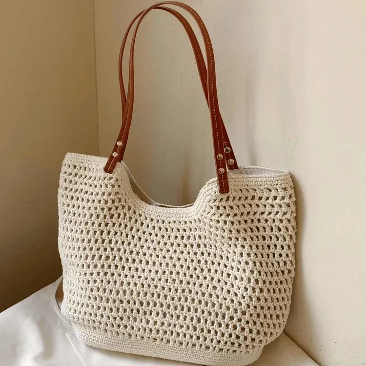 文艺森系手工编织大容量包包外出旅游轻便镂空女单肩包网纹托特包