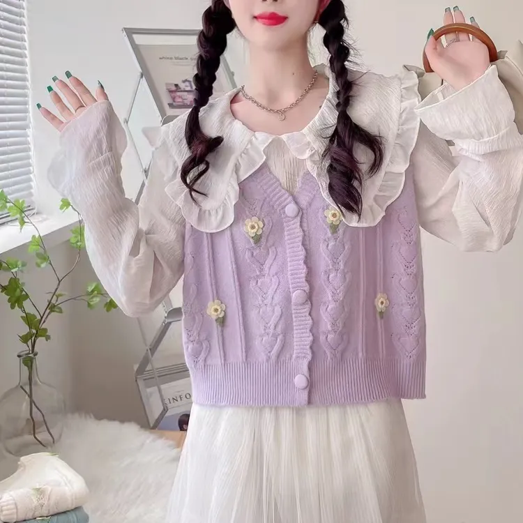 小个子款女生针织马甲春秋洋气甜美学生上衣短款毛衣背心马夹女秋