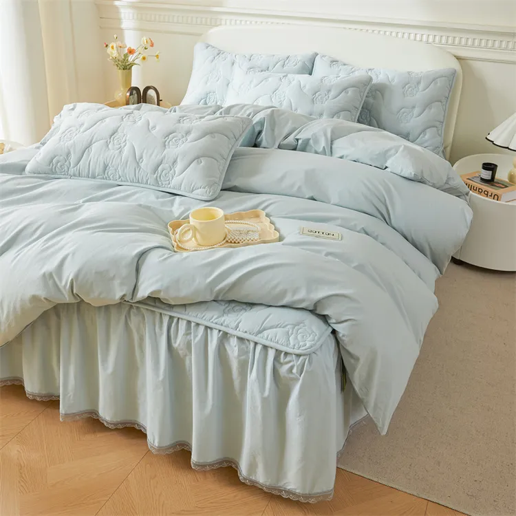 床上用品全棉夹棉床裙四件套纯棉被套水洗棉大豆加厚床罩裙式防滑