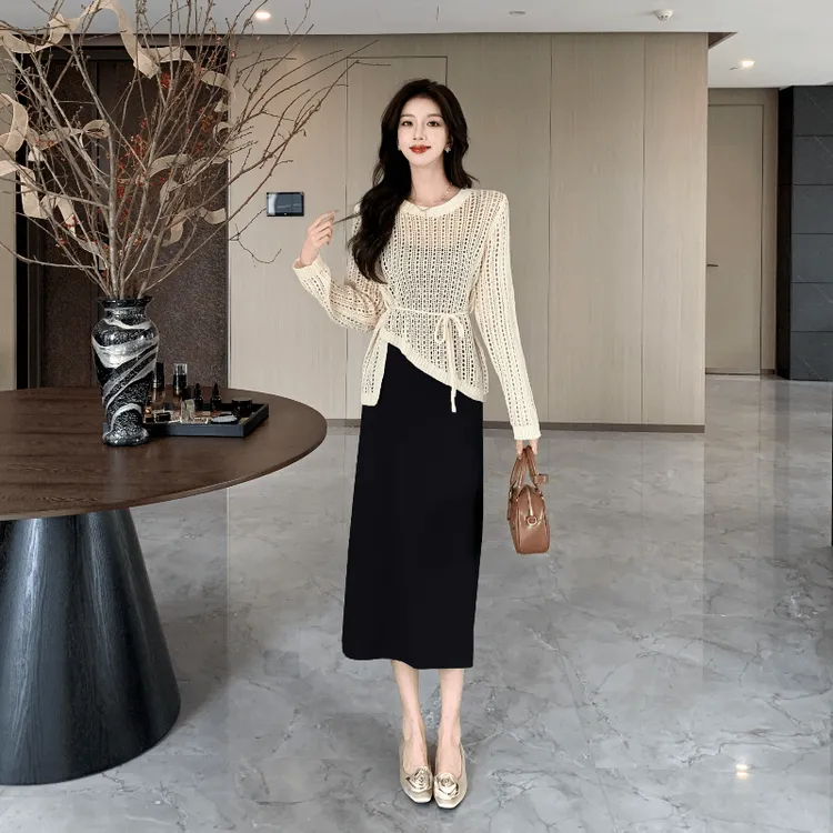 【慵懒入秋】设计师新款时尚显瘦气质不规则镂空针织衫吊带裙套装