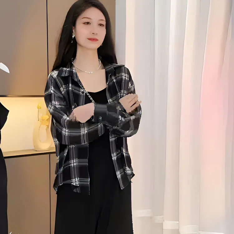 新款艺术风慵懒时尚宽松休闲格子长袖衬衣百搭显瘦连衣裙时尚宽松