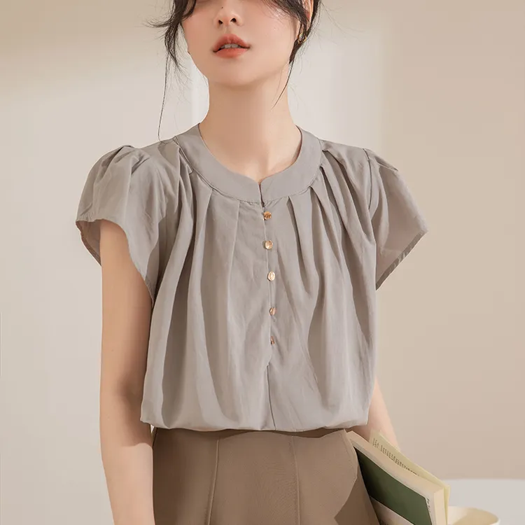 圆领衬衫女2024春夏季新款通勤抽褶百搭时尚设计感宽松休闲上衣