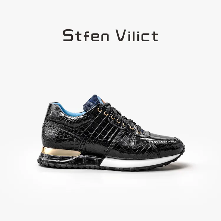 威廉史蒂芬男士休闲运动鞋增高擦色牛皮拼接鳄鱼皮鞋子男款SV057