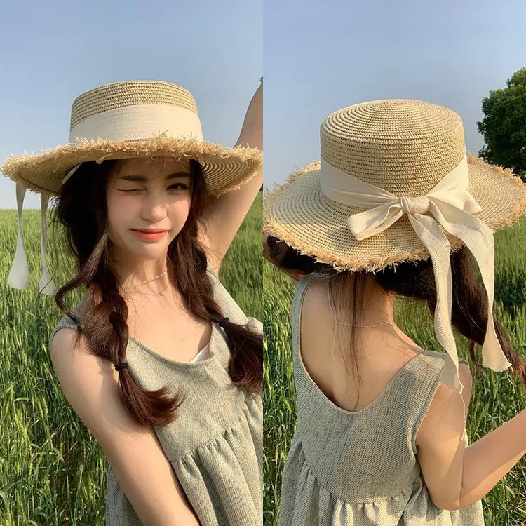 日系百搭草帽女款夏天平顶出游太阳帽蝴蝶结防紫外线遮阳沙滩帽