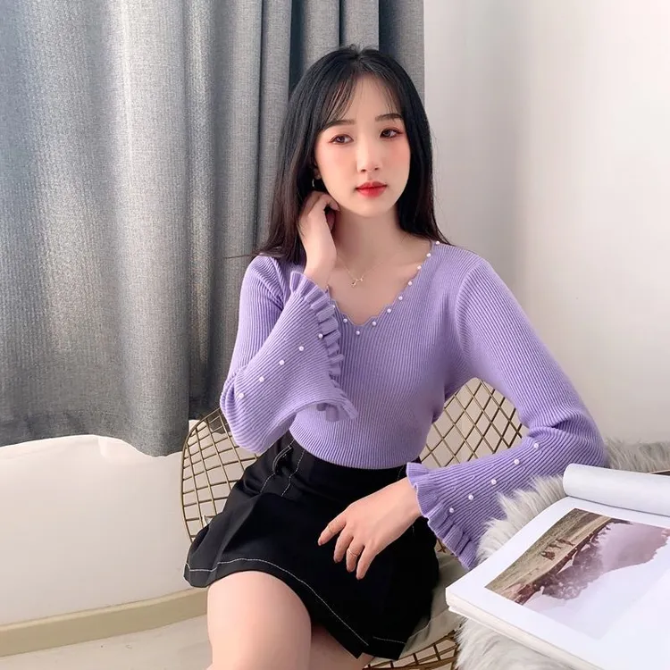 针织衫女V领长袖毛衣女外穿2023新款钉珠时尚休闲ins套头打底衫女