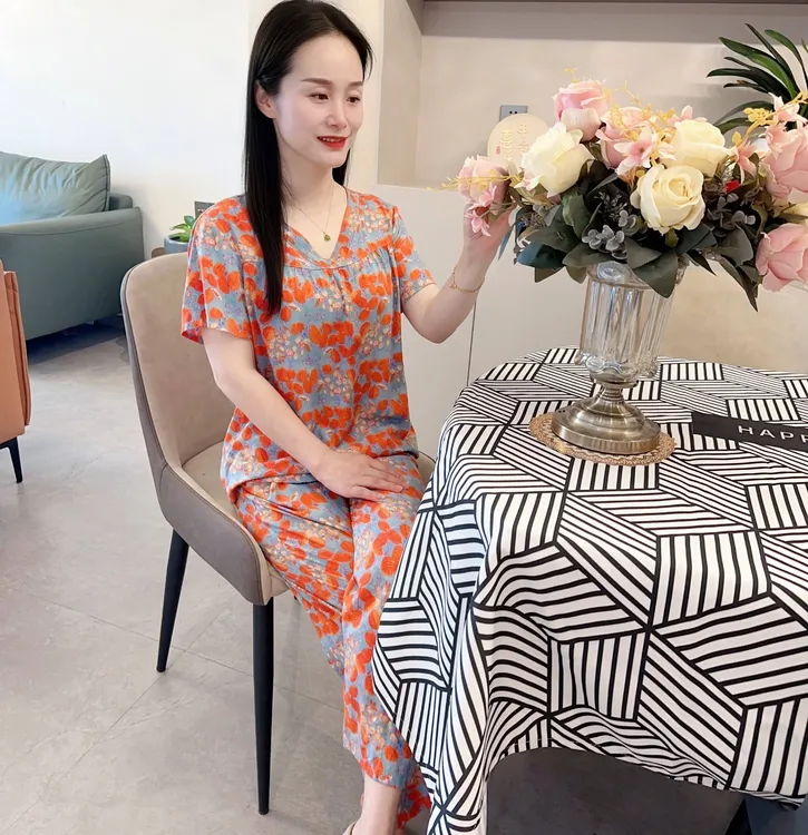 夏季高端数码印花棉绸气质显瘦时尚休闲宽松家居服套装睡衣女套装