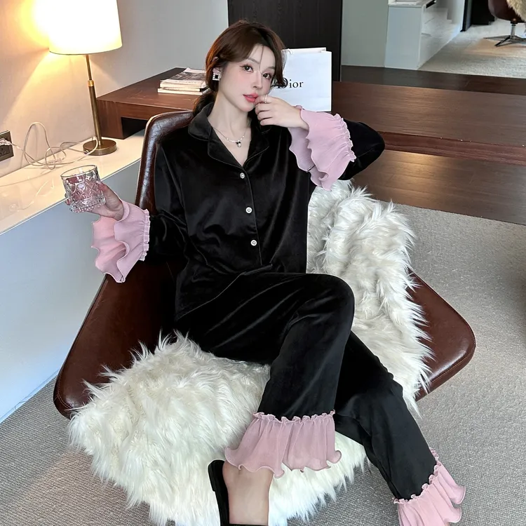 秋冬新款德绒睡衣女款时尚洋气大码宽松加绒加厚爆款家居服套装冬
