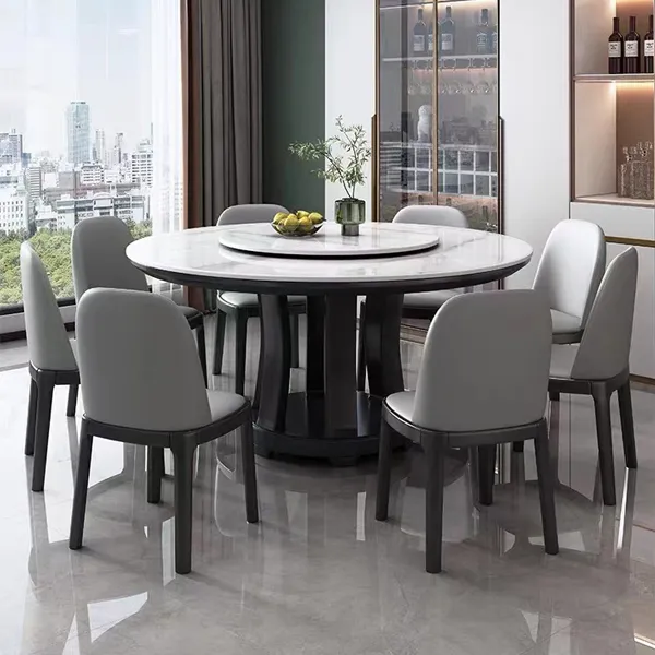 高端岩板圆桌现代简约小户型带转盘电磁炉家用全实木圆形吃饭桌子