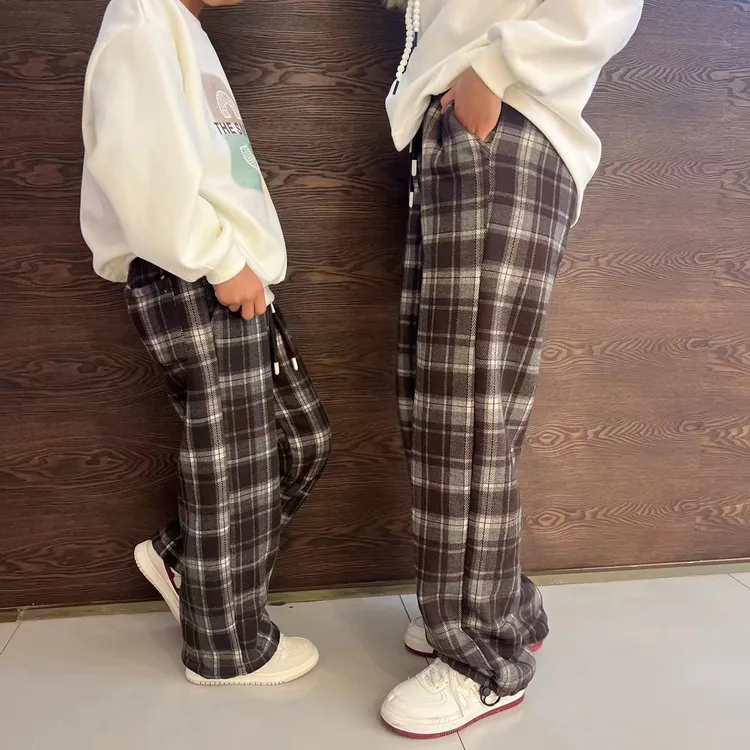 仿兔毛格子裤女冬季2024年新款垂感高腰加厚休闲直筒阔腿裤复古