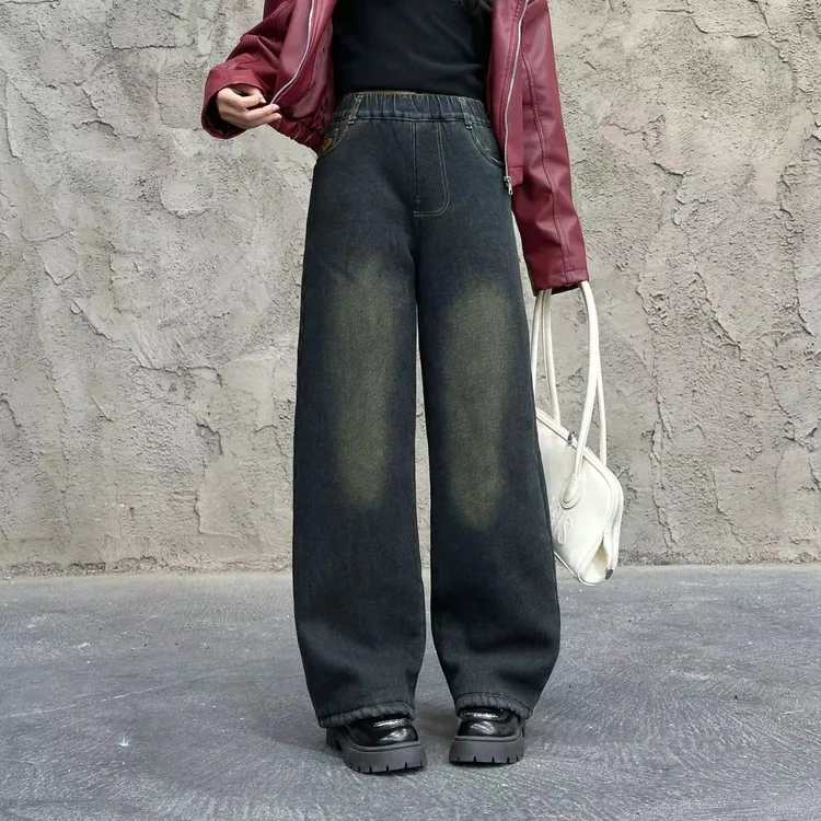 牛仔兔毛男女友子直筒裤冬季加厚款男孩穿帅气女孩穿酷宽松休闲裤