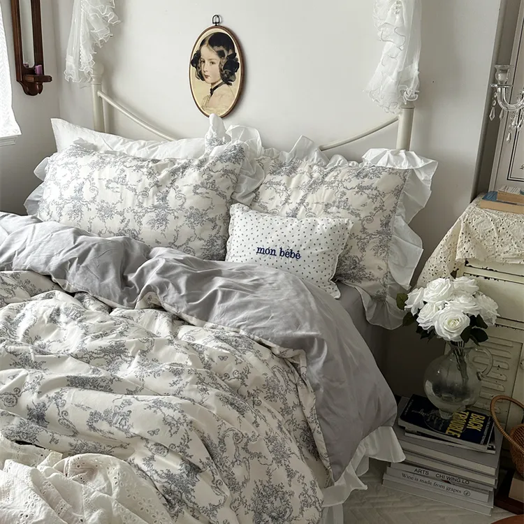 路约威格被罩法式花边复古小碎花纯棉四件套全棉床单被套床笠款