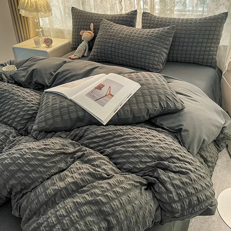 路约威格高级感泡泡纱四件套水洗棉床单被套黑灰色简约轻奢风