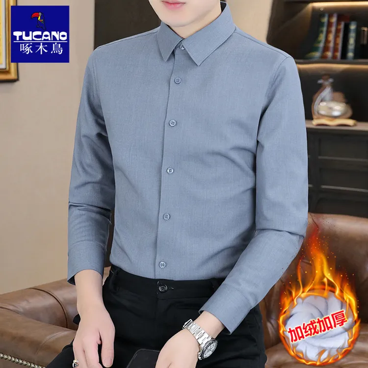 啄木鸟高端男装加绒加厚衬衫男士长袖保暖衬衣冬季无痕免烫寸衫