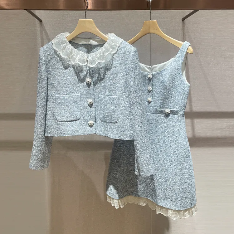 小香风套装2024秋新款甜美花边领短外套吊带连衣裙优雅气质两件套