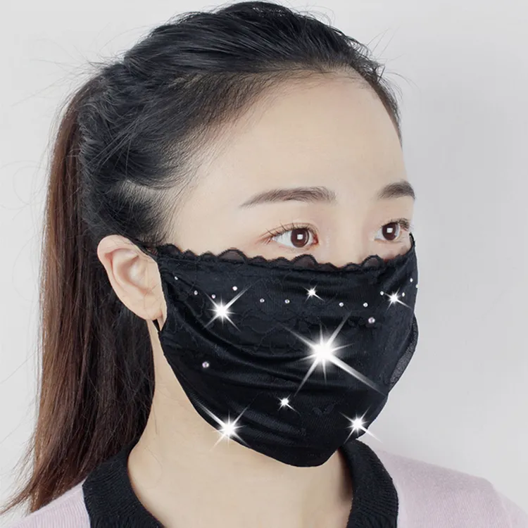 春夏秋季女士带钻蕾丝口罩透气薄款加大透气骑行双层防晒面罩5530