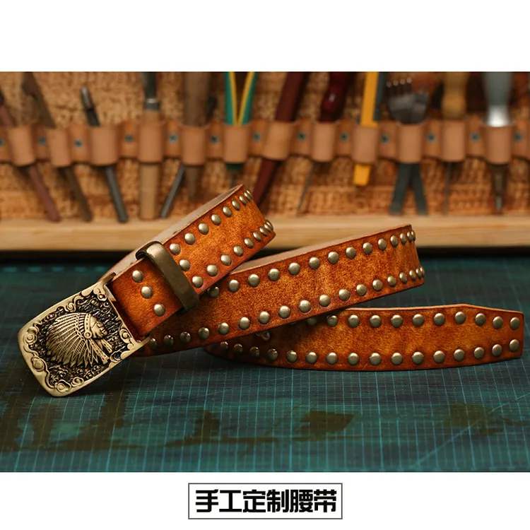 养牛！复古机车实心铜铆钉腰带-骑行马术音乐人皮带男士半口腰带
