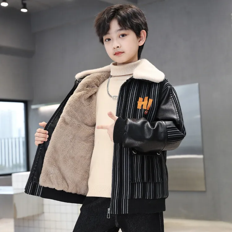 男童冬装加绒加厚皮夹克衫男孩保暖帅气儿童PU皮衣秋冬款派克服潮