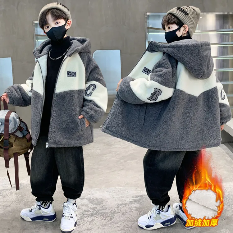 男童秋冬款加绒外套中大童保暖儿童羊羔绒冬季加厚帅气韩版6-12岁